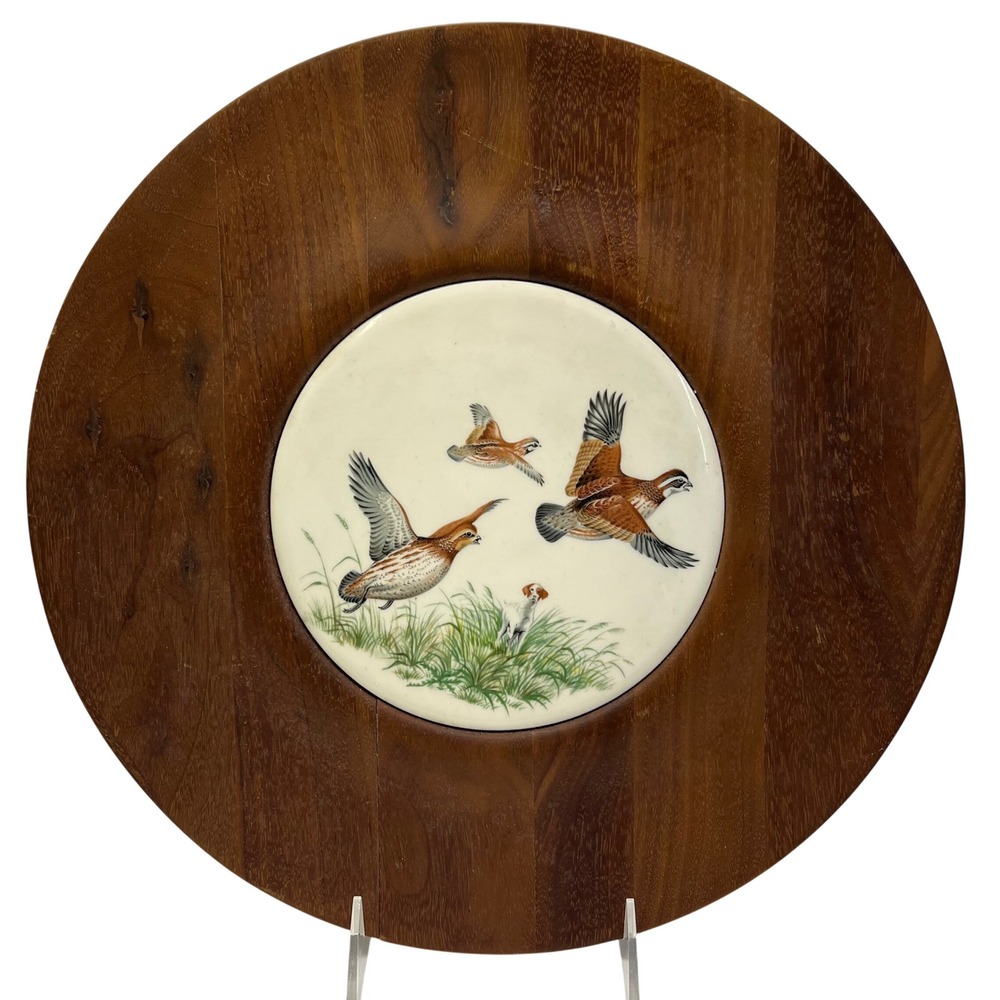 Vermillion Real Walnut Wood Wall Plaque Quail Hunting Pointer Dog Ceramic Trivet